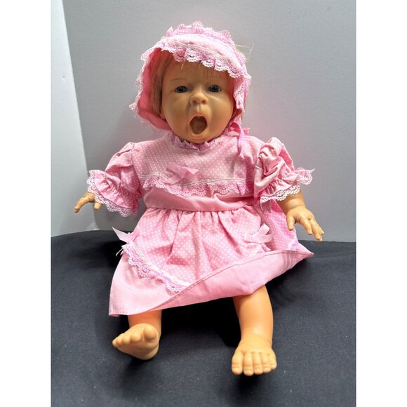 Berenguer 15" Angry Face Crying Baby Blue Eye Blonde Doll Pink Outfit & Bonnet - Picture 1 of 9